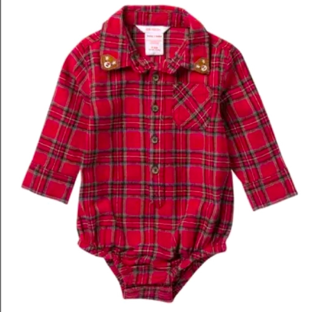 Christmas baby boy tartan red plaid onesie shirt Bodysuit 3-6M reindeer collar